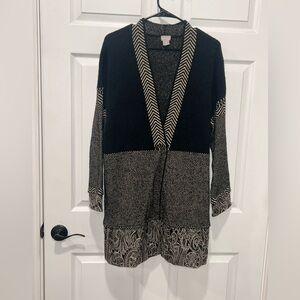 Chico's Jacquard Snap Front Long Open Cardigan Black & Tan Knit Paisley